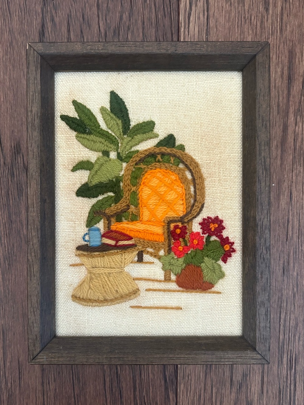 Vintage Sunset Designs/Jiffy Stitchery Framed Crewel with Whicker Chair